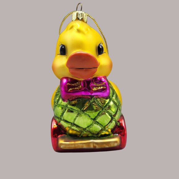 Holiday Duck Pull Toy Glass Ornament Christmas Tree Home Decor - Picture 3 of 15